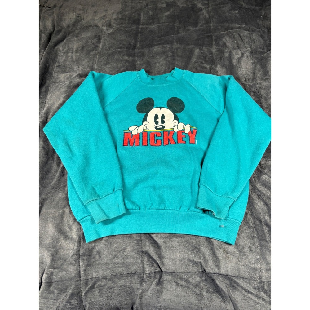 Vintage Disney Mickey Mouse Raglan Sweatshirt Teal‎ Kids Youth XL 90s Graphic